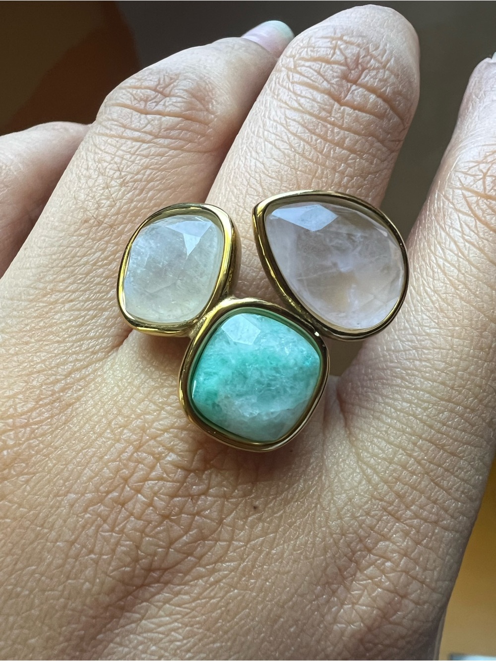 Gold Triple-Stone Ring with Rose Quartz, Amazonite, and Moonstone NWOT